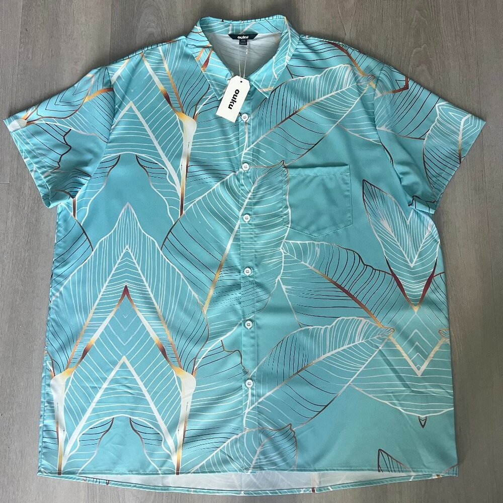 OUKU Men's Button Up Palm Leaf Hawaiian Shirt Teal Blue Sz 3XL